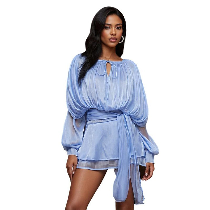 SARA™ - Ruffle Skirt Two-Piece with Lantern Sleeves & Tie-up Front