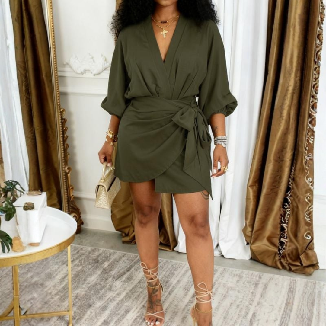 JEIYA™ - Chic Plain Side Tie Wrap V-Neck Bishop Party Mini Dress