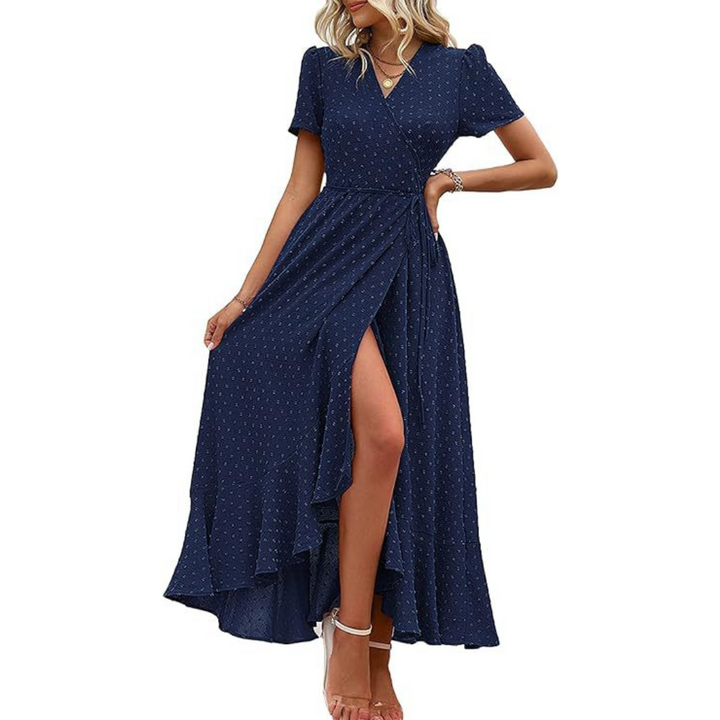 PILAR™ – Classy Flowy Wrap V-Neck Short Sleeve Maxi Dress