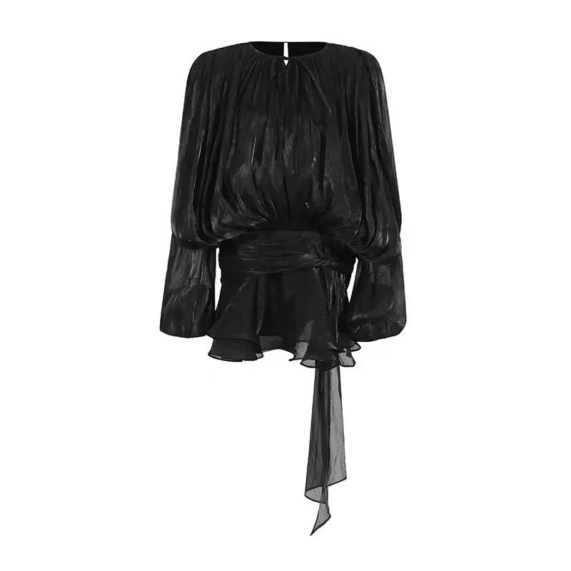 SARA™ - Ruffle Skirt Two-Piece with Lantern Sleeves & Tie-up Front