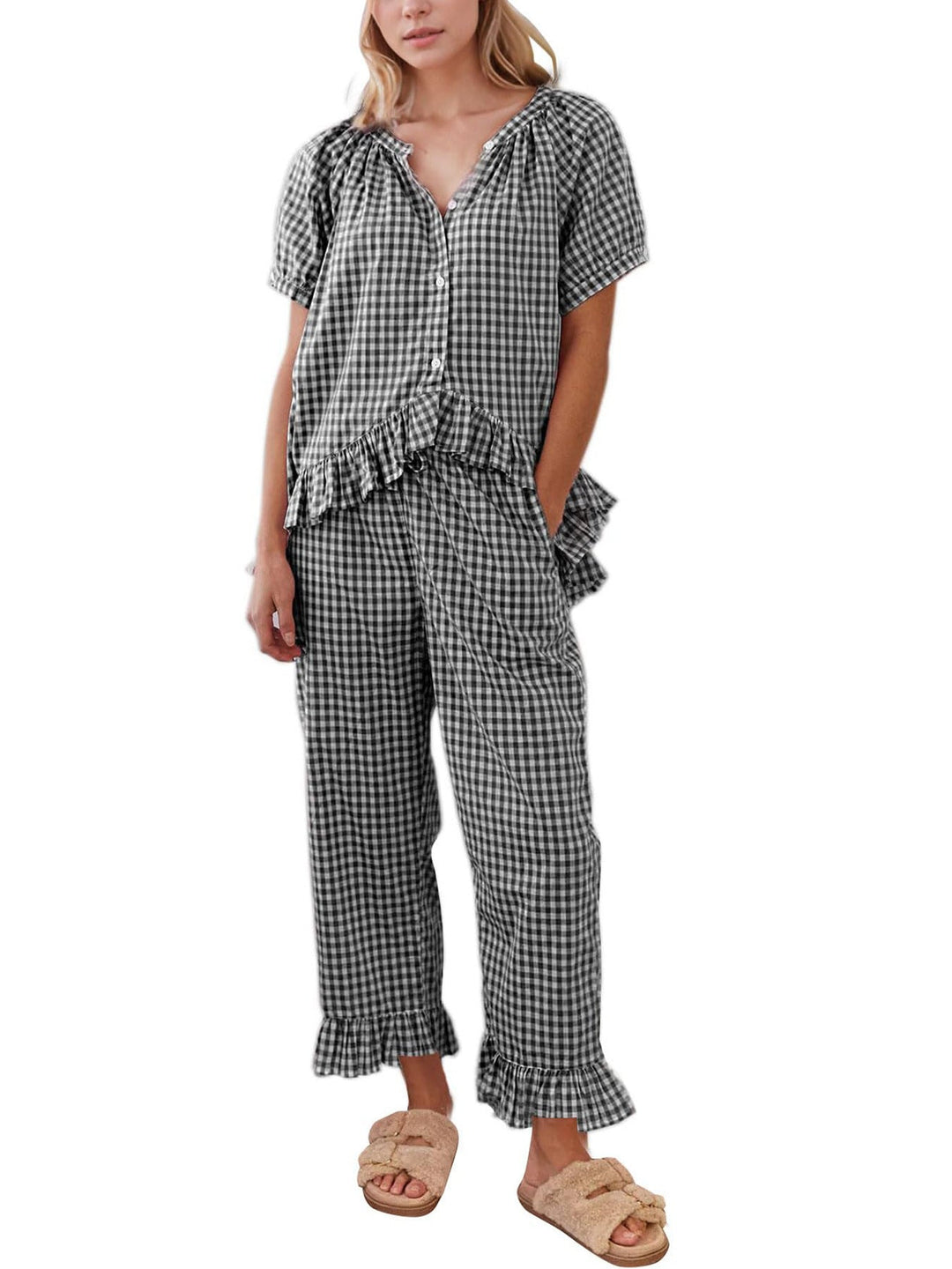 Hadley™ - Gingham Puff Sleeve Ruffle Pajama Set