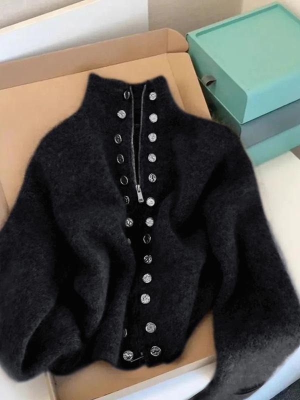 MILANA™ - Stylish Knitted High Neck Cardigan with Faux Button Accents
